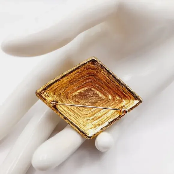 Vintage Rhinestone Faux Pearl Diamond Shaped Brooch Gold Tone Pin - 2 1/4 Inches - Picture 4 of 10